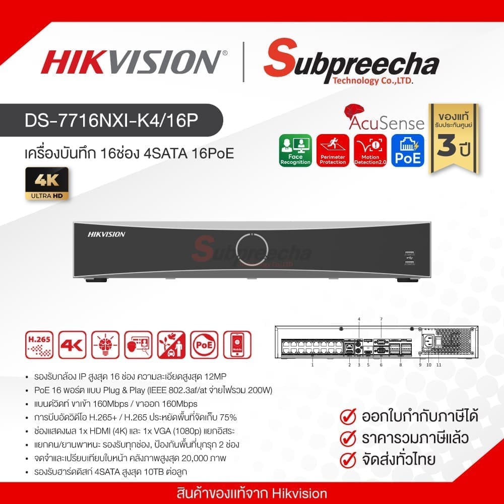 DS-7716NXI-K4/16P / Hikvision เครื่องบันทึก NVR 16ch (4SATA) (16PoE) AcuSense