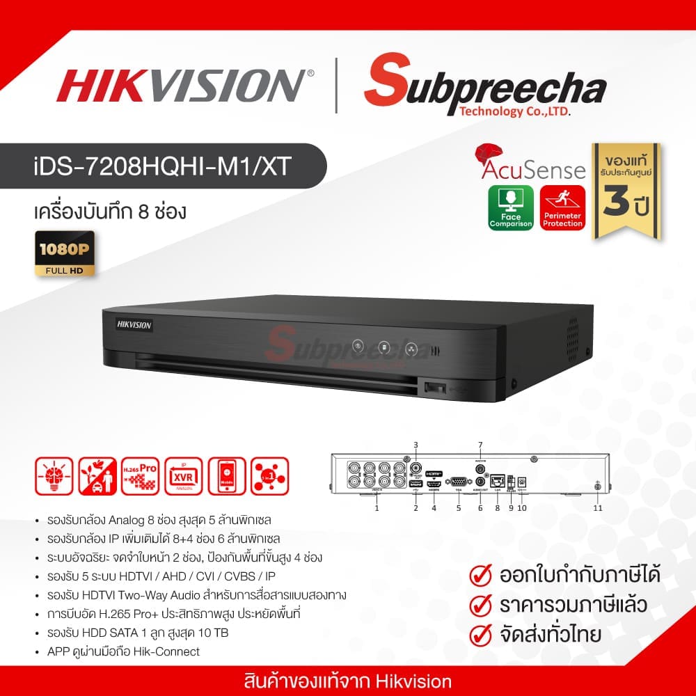 iDS-7208HQHI-M1/XT / Hikvision เครื่องบันทึก DVR 8ch (1SATA) AcuSense