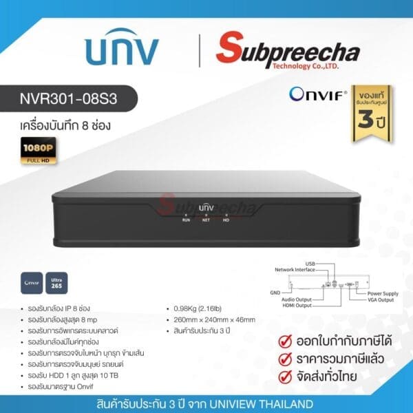 NVR301-08S3 / Uniview เครื่องบันทึก NVR 8 ch (1 SATA)