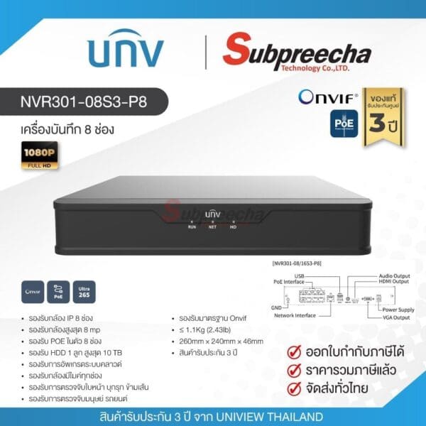 NVR301-08S3-P8 / Uniview เครื่องบันทึก NVR 4 ch (1 SATA) (8 PoE)
