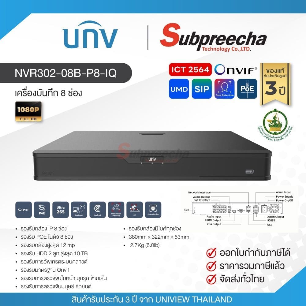 NVR302-08B-P8-IQ / Uniview  เครื่องบันทึก NVR 4 ch (1 SATA) (Spec ICT) (4 PoE)