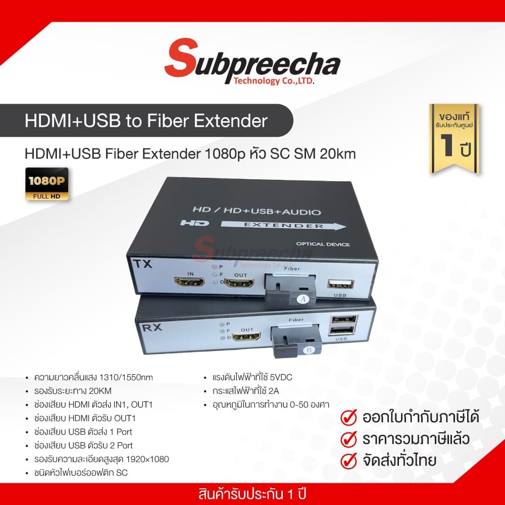 HDMI+USB Fiber Extender 1080p หัว SC SM 20km