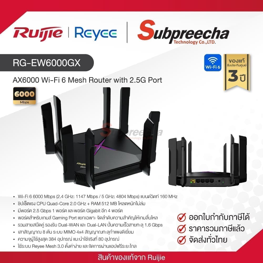 RG-EW6000GX / Ruijie-Reyee AX6000 Wi-Fi 6 Mesh Router with 2.5G Port