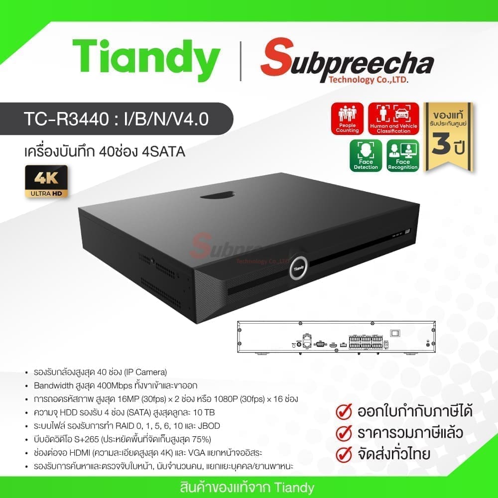 TC-R3440 Spec:I/B/N/V4.0 / Tiandy เครื่องบันทึก NVR 40ch (4SATA)