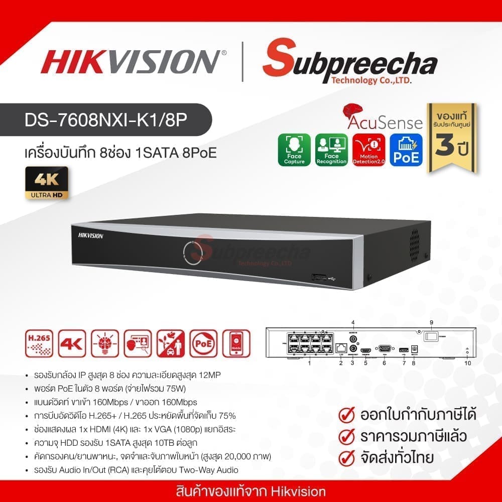 DS-7608NXI-K1/8P / Hikvision เครื่องบันทึก NVR 8ch (1SATA) (8PoE) AcuSense