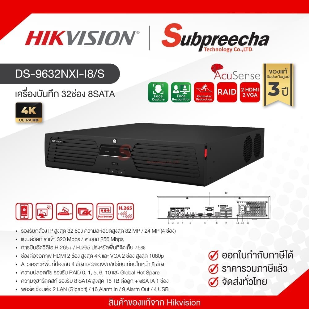 DS-9632NXI-I8/S / Hikvision เครื่องบันทึก NVR 32ch (8SATA) AcuSense