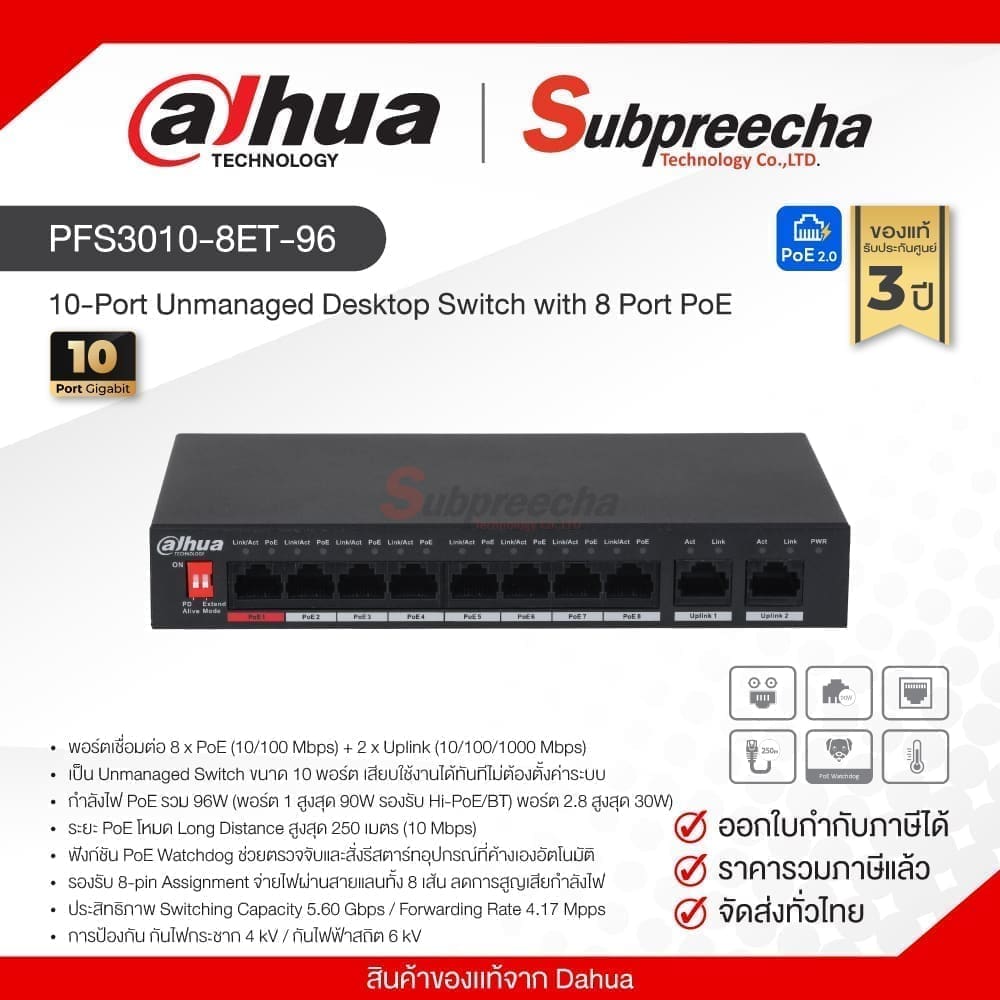 PFS3010-8ET-96 / Dahua 10-Port Unmanaged Desktop Switch with 8 Port PoE