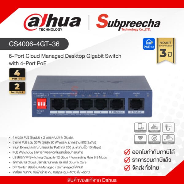 CS4006-4GT-36 / Dahua 6-Port Cloud Managed Desktop Gigabit Switch with 4-Port PoE