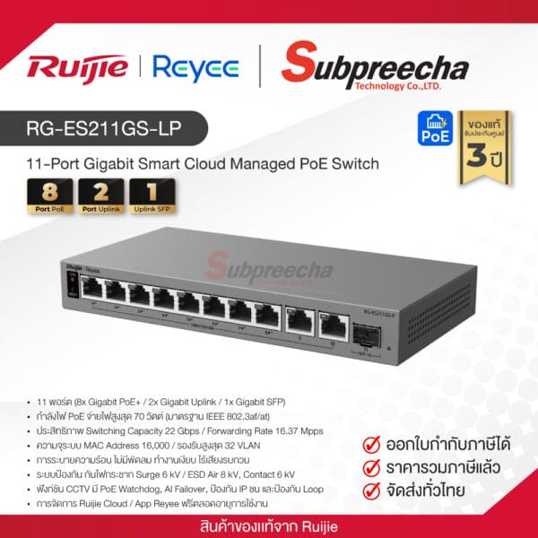 RG-ES211GS-LP / Ruijie-Reyee 11-Port Gigabit Smart Cloud Managed PoE Switch, 1 x SFP Uplink